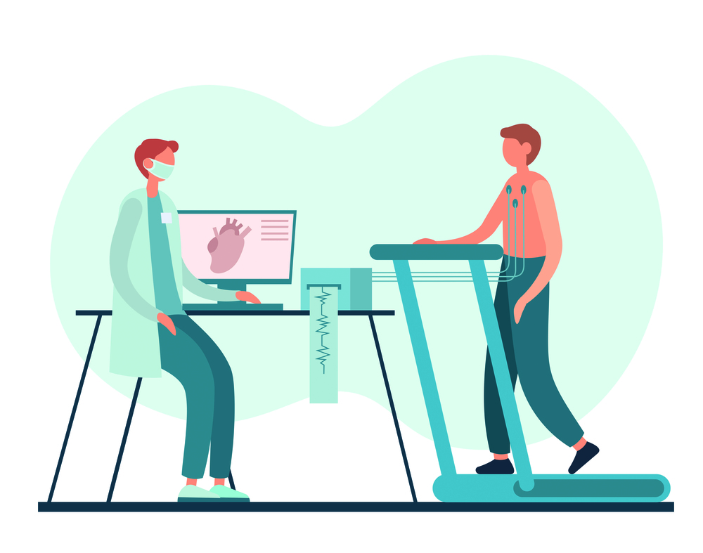 Ein Mann beim Belastungstest für die GesundheitsuntersuchungMale cardiologist in uniform and mask watching man walking on treadmill during stress test for heart in office of modern hospital